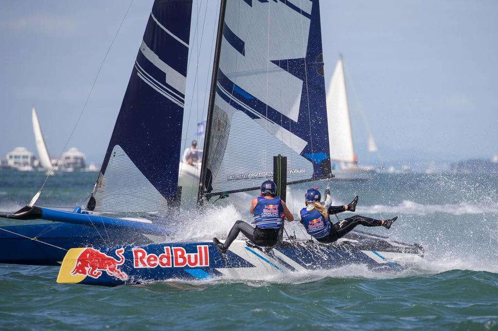 Micah Wilkinson and Olivia Mackay race during Red Bull Foiling Generation final on the Waitemata Harbour in Auckland, New Zealand on March 6, 2016  © Red Bull Content Pool